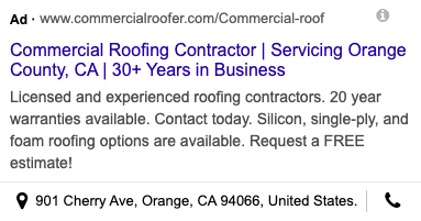 Example of a local commercial roofer ad.