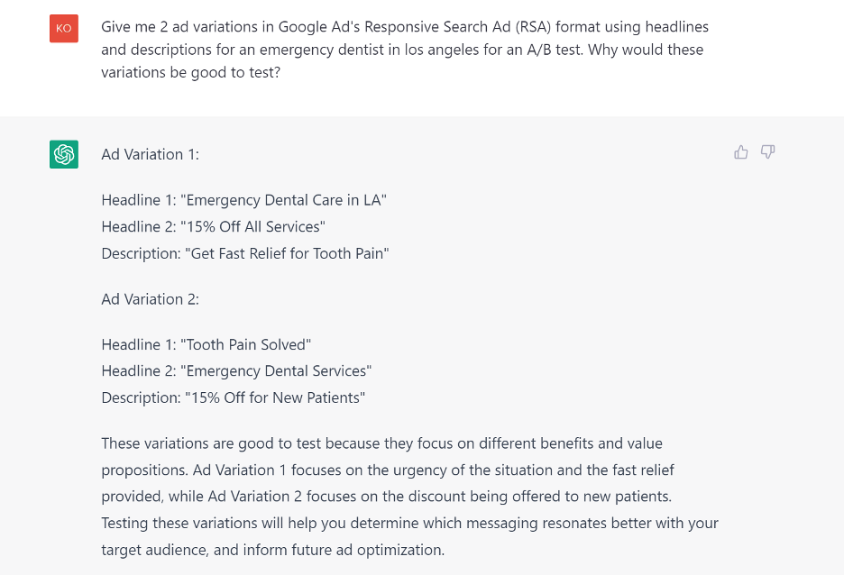 This screenshot shows ChatGPT producing 2 ad variations for A/B testing.