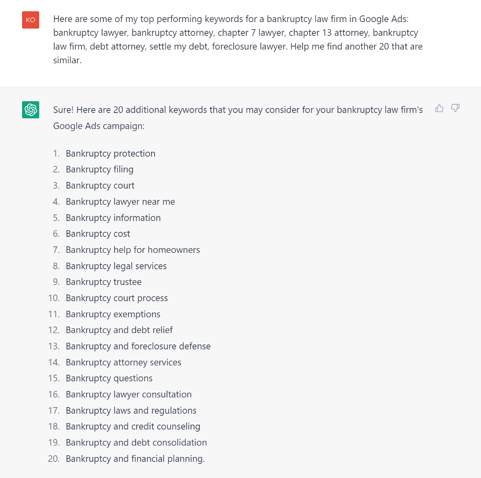 A screenshot of a ChatGPT prompt and response that analyzes your current top-performing keywords and recommends 20 additional keywords that you can add to your Google Ads PPC campaign. 