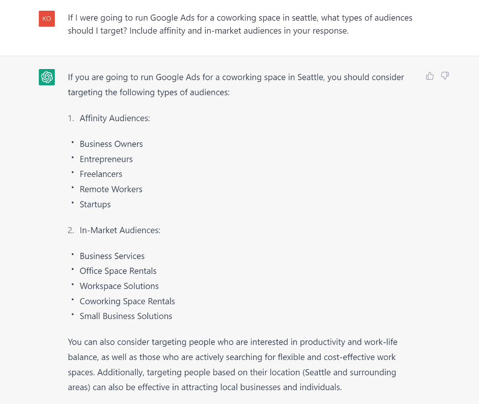 A screenshot of a ChatGPT prompt and response that shares more information about what kind of targeting and audiences you should use in a Google Ads PPC campaign.