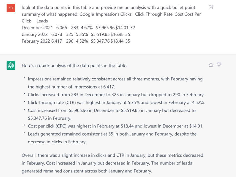 ChatGPT prompt screenshot that shows how it can look at specific data points and provide a trend analysis.