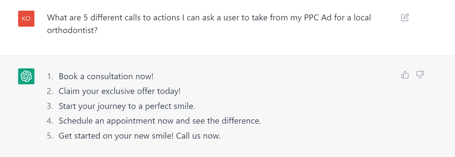 Screenshot of ChatGPT sharing five different calls-to-action ideas for a PPC ad.