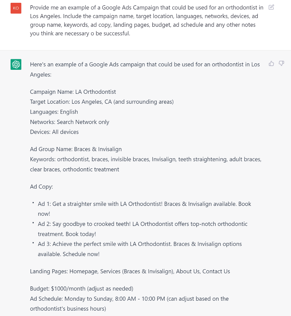 This is a screenshot of a ChatGPT prompt and reponse that builds out an entire Google Ads campaign. The response shares information about targeting, ad copy content, budget, and target keywords