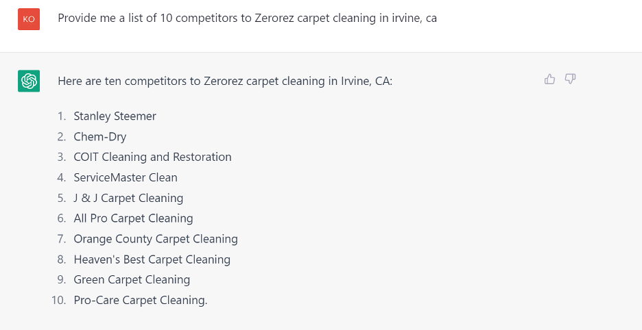 A screenshot of a ChatGPT prompt and response that revolves around the topic of competitor research. The prompt asks: Create a list of 10 competitors to [company name].