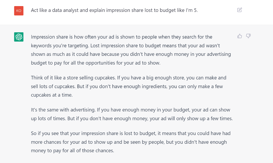 Screenshot of ChatGPT defining a PPC metric, impression share lost to budget.