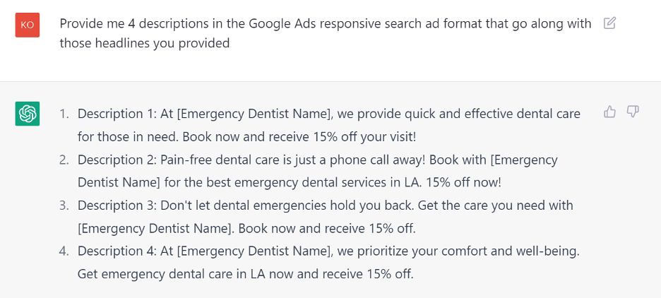 This is a screenshot of a ChatGPT respones that displays for different description for a Google Response Search ad.