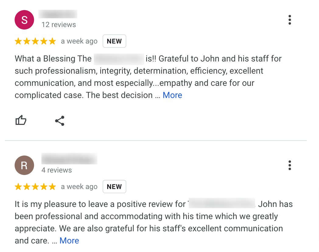 Example of two Google reviews from a local business.