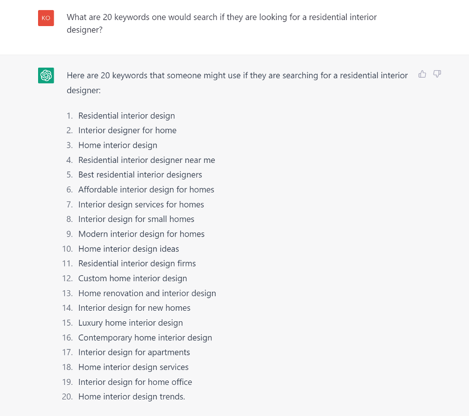 A screenshot of a ChatGPT prompt and response that revolves around the topic of keyword research. The prompt asks: What are 20 keywords that someone would search if they were looking for [pain point or industry]?