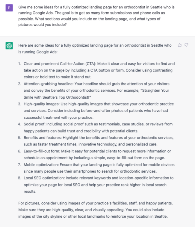 This is a detailed response from ChatGPT. It shares ideas on how to fully optimize a landing page for more goals and form submissions.