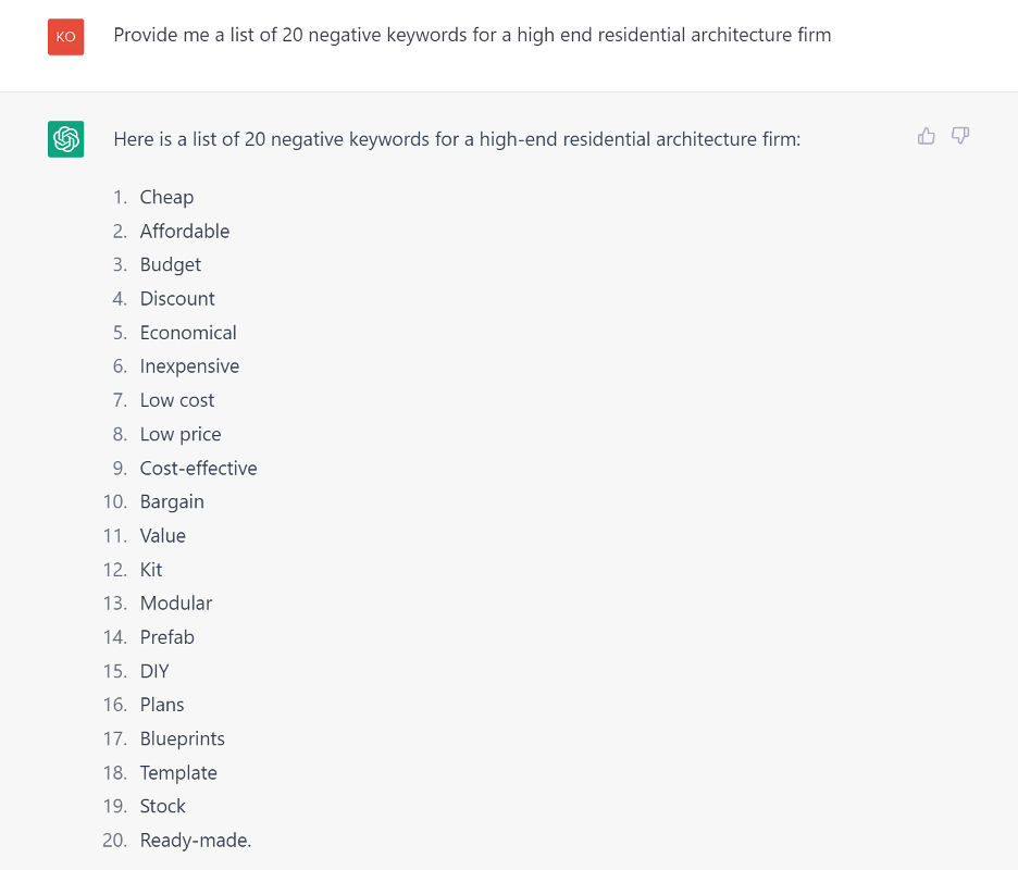 A screenshot of a ChatGPT prompt and response that revolves around the topic of negative keyword research. The prompt asks: Provide me a list of keywords for [business type]