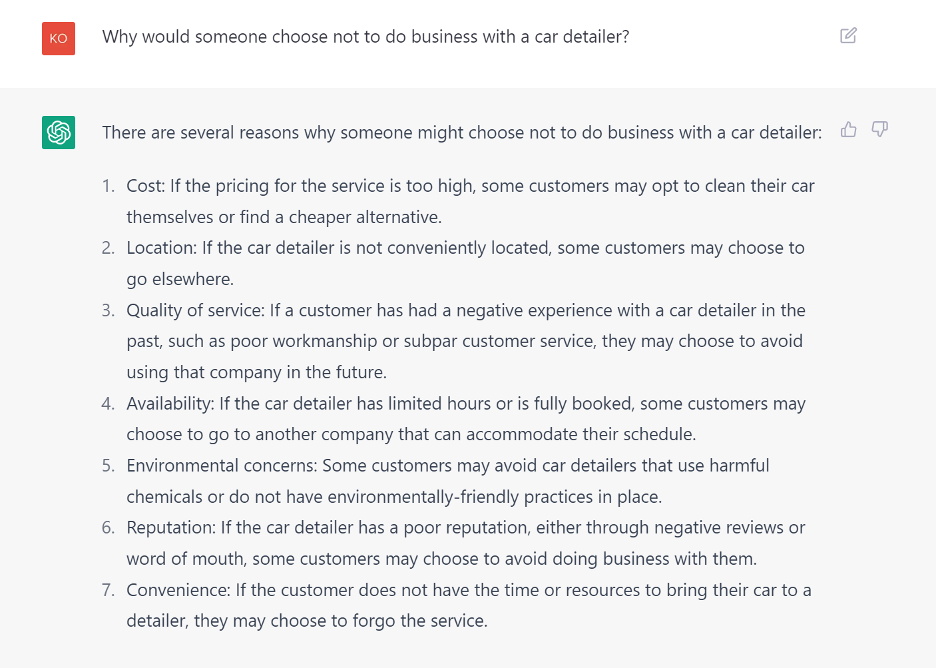 A screenshot of a ChatGPT prompt and response that revolves around objections someone might have for not choosing a business or completing a purchase. This response involves objections such as cost, location, availability, environmental concerns, and more.