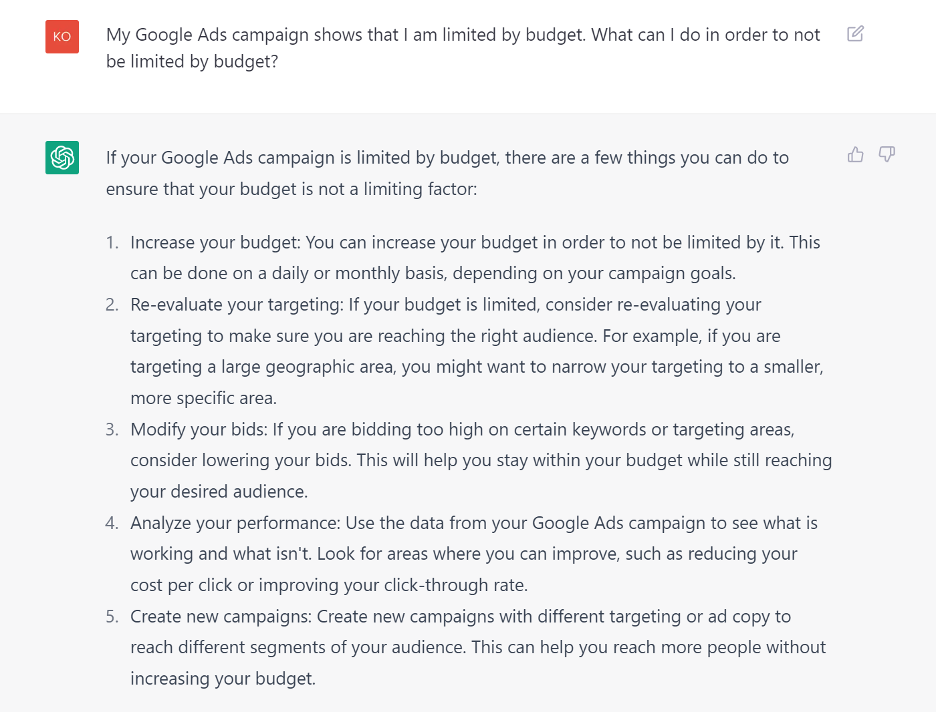 Screenshot that shows ChatGPT responding to a prompt about making campaign improvements. It shares 5 factors on how to fix a campaign that is limited by budget.