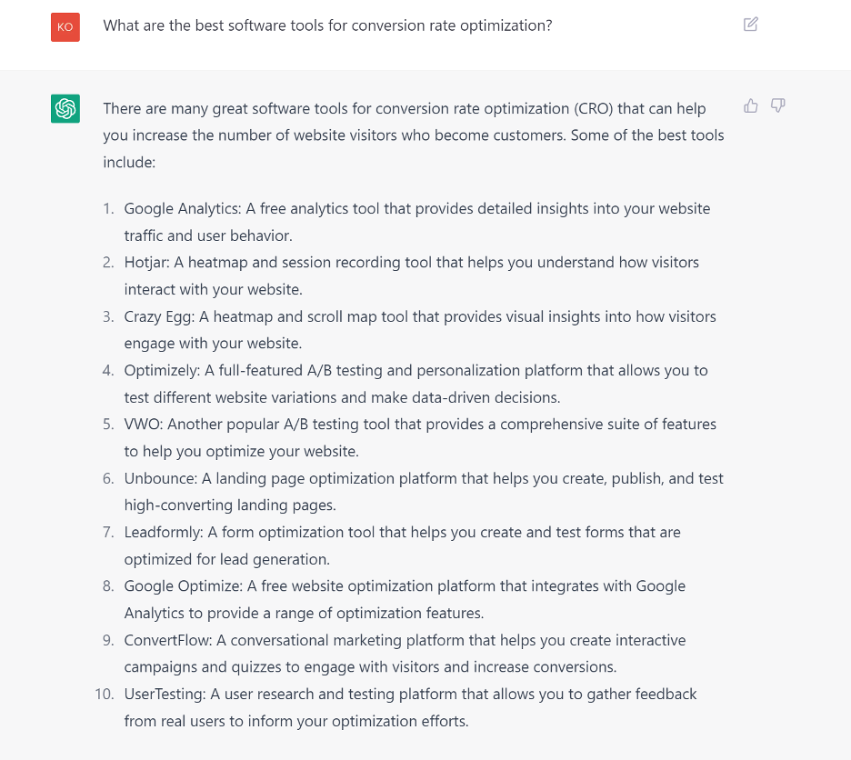 Screenshot of ChatGPT providing software recommendations for conversion rate optimization.