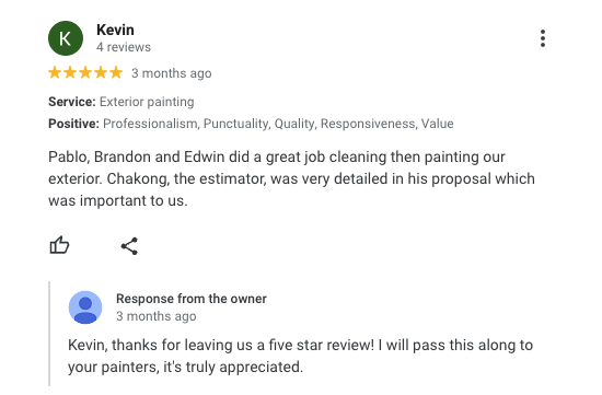 Example of a Google Review for a local painting company.