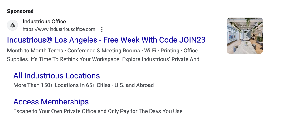 Example of a Google Ad from Industrious Office.
