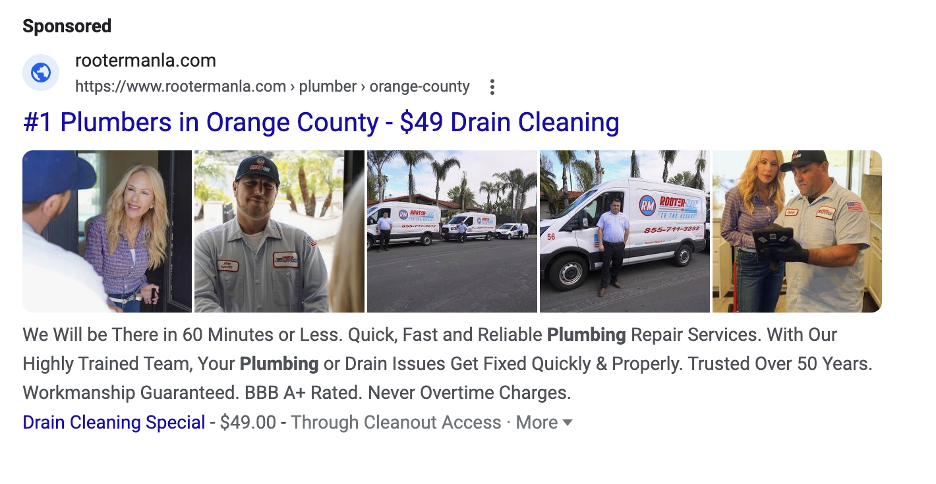 Example of a plumber responsive search ad that includes ad assets such as image assets.
