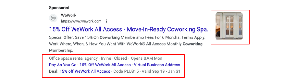 Screenshot of a WeWork Google Ads sample that shows different kinds of ad assets.
