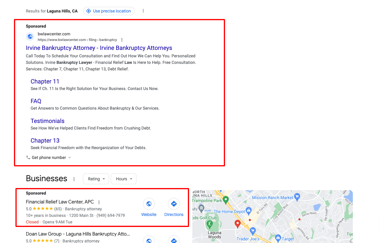 Screenshot showing paid search results vs Google Business profile results for "bankruptcy lawyer near me".